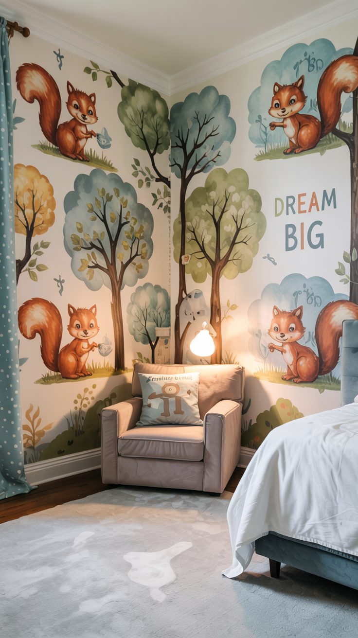 Cute Squirrel Kids Room Wallpaper Idea